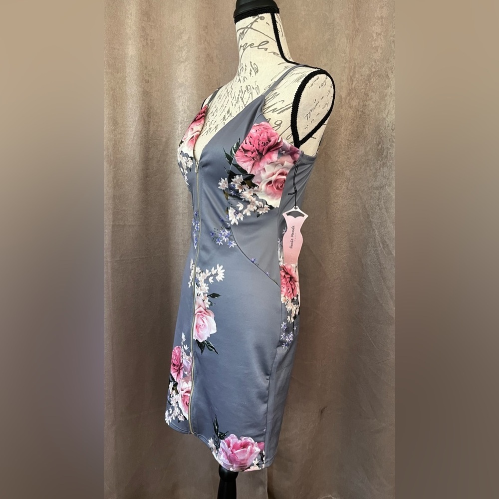 NWT Haute Monde Gray & Pink Floral full zip up mini dress, Bodycon Large 8-10 - Picture 2 of 15